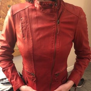 Lucky Brand Red Leather Fitted Biker Jacket Small